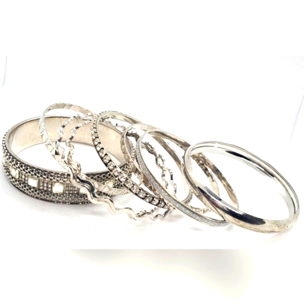 Bracelets - Set of 8 Minimalist Silver Bracelet Set with High-Shine Finish.